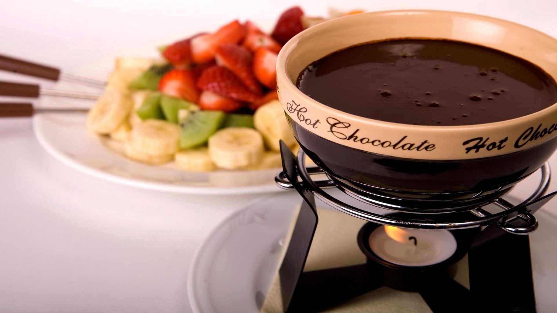 fondue, candle, chocolate, fruit, dessert