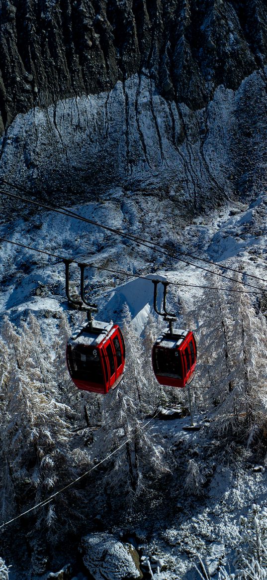 funicular, cabins, rise, trees, snow, winter