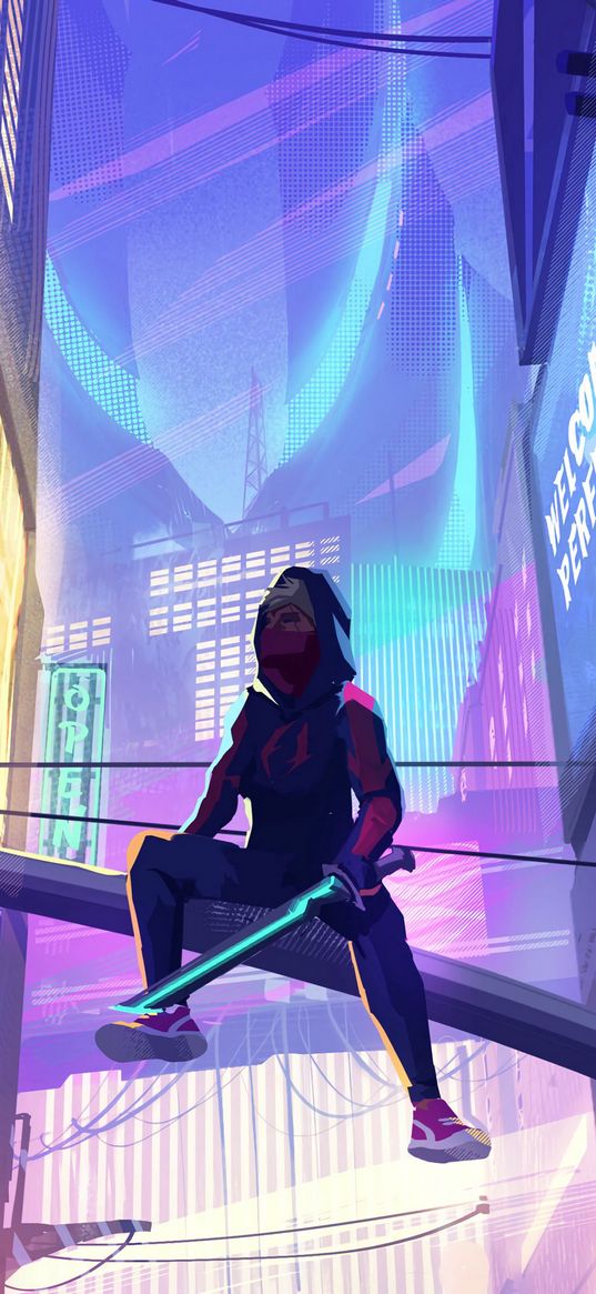 ninja, mask, sword, buildings, neon, cyberpunk, art