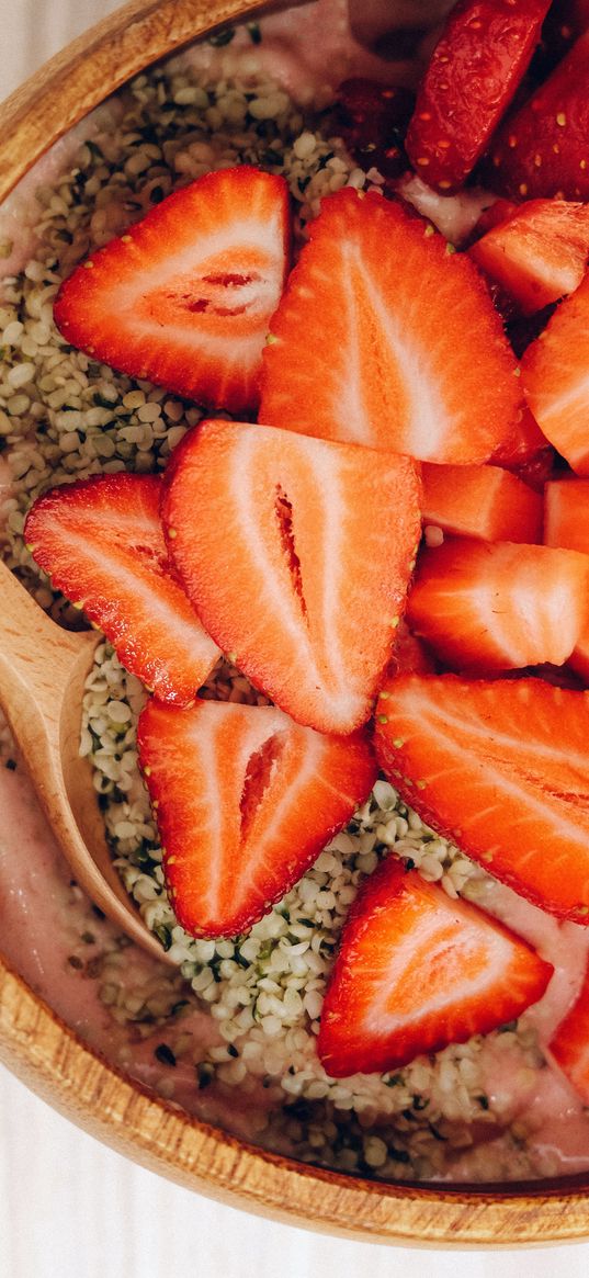 strawberries, berries, wedges, nuts, bowl, dessert