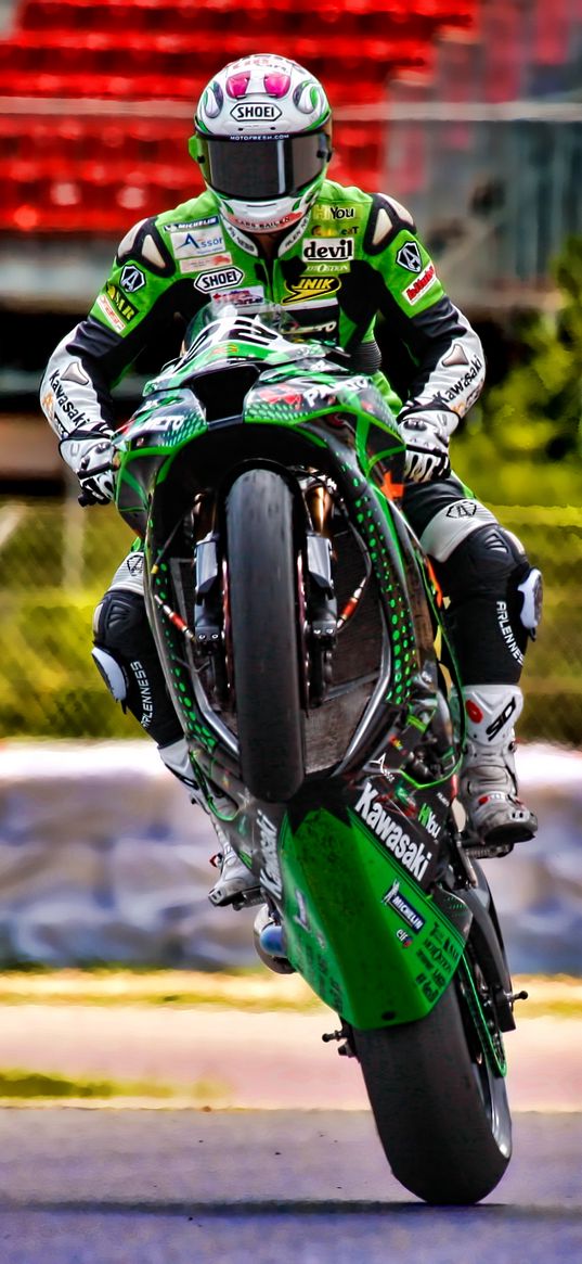 kawasaki, motorcycle, green, motorcyclist, trick