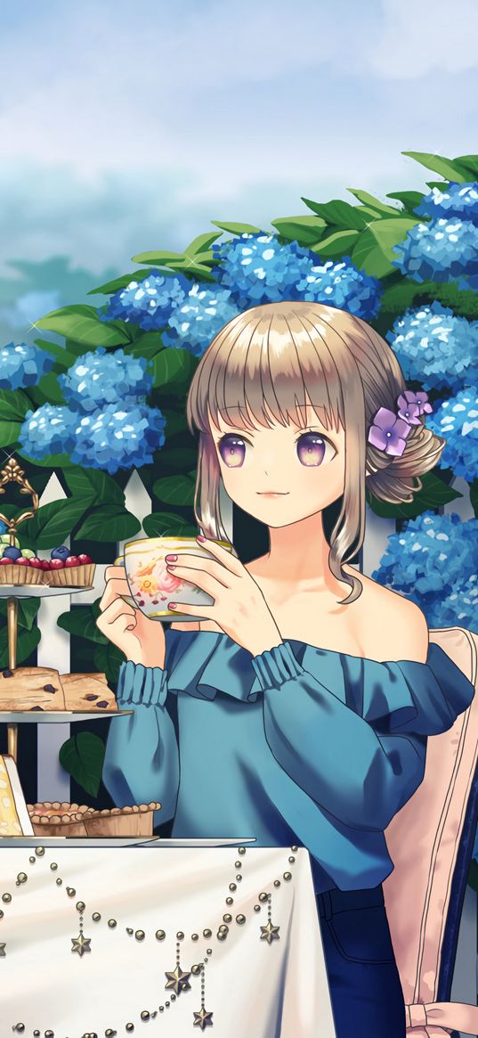 girl, tea party, cup, garden, anime