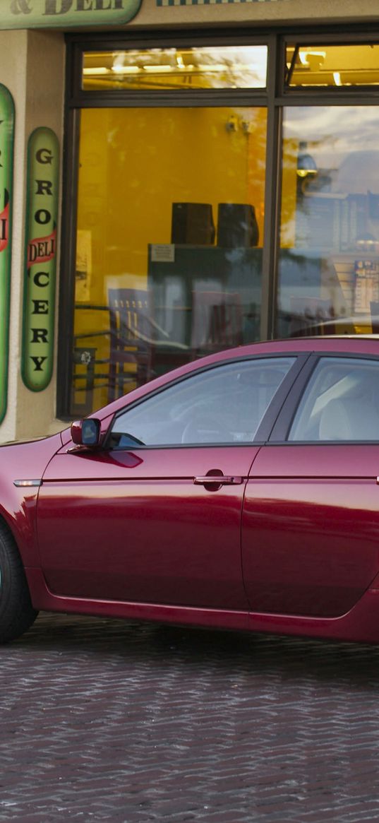 acura, tl, 2004, burgundy, side view, style, cars, building, street