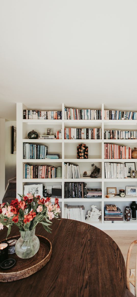 table, bouquet, shelf, books, interior