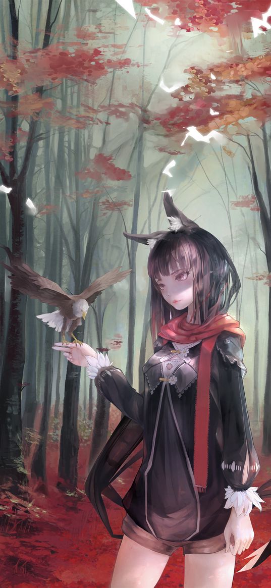 girl, eagle, bird, forest, anime, art, cartoon