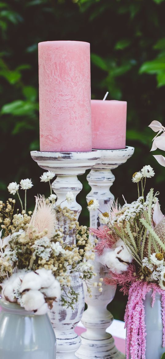 candles, flowers, bouquets, composition, aesthetics