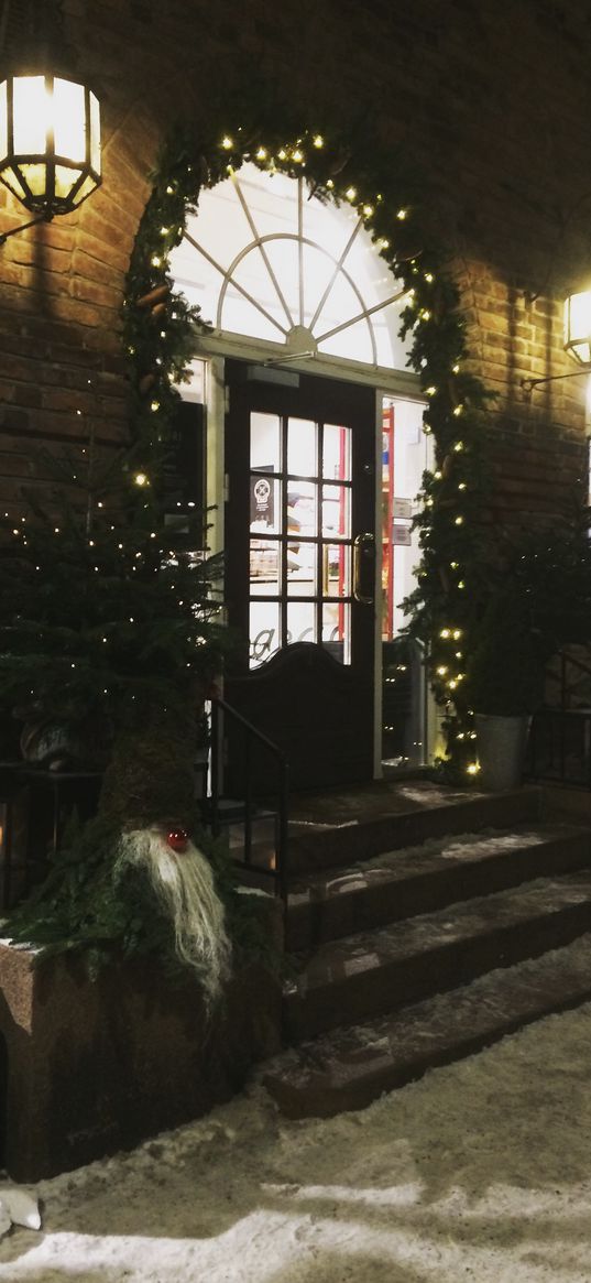 house, door, garlands, decorations, night, new year