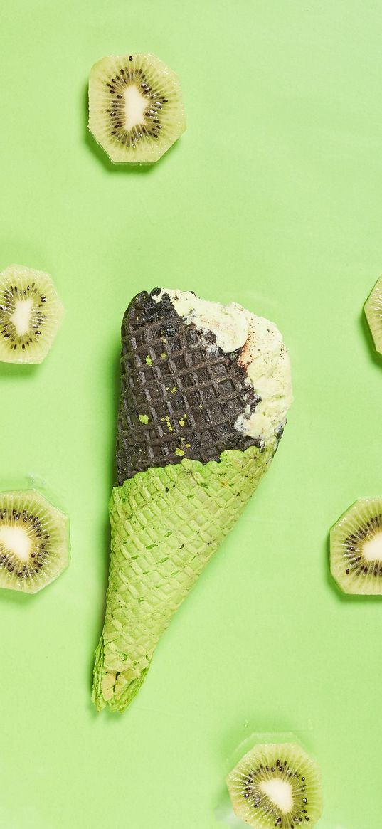 ice cream, cone, kiwi, fruit, green