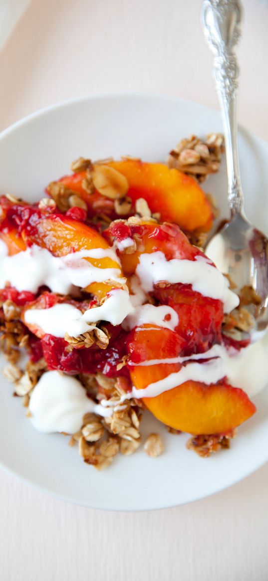 oatmeal, peaches, cream, breakfast