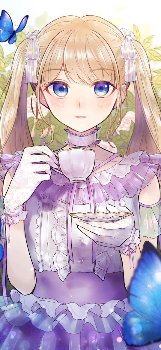 girl, cup, tea, anime, art, cartoon