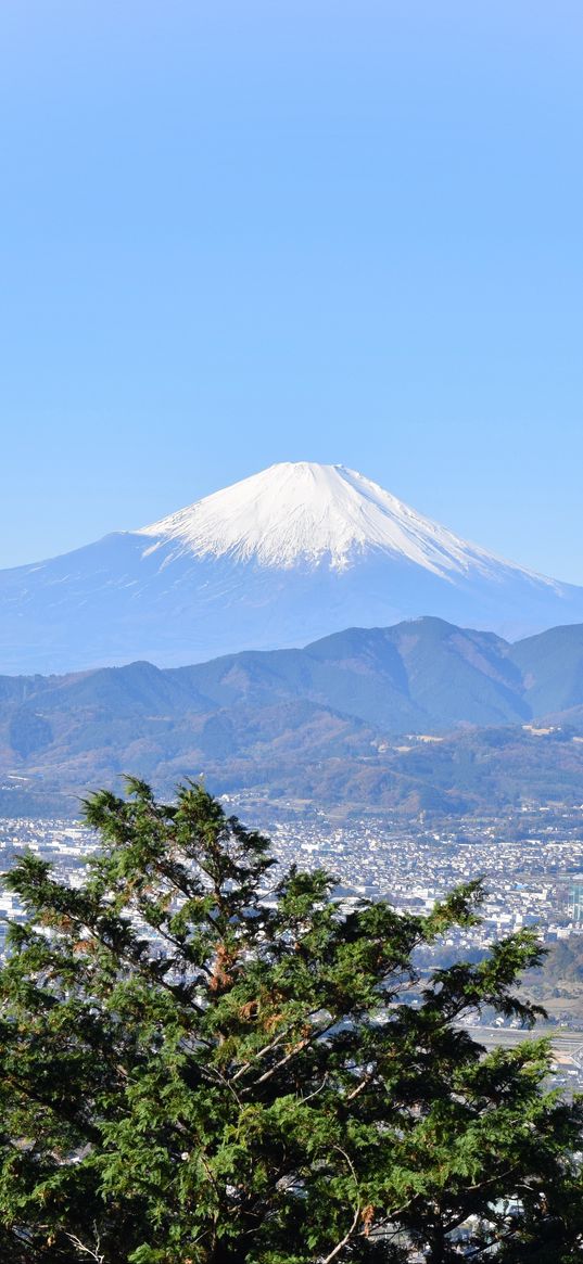 mountain, volcano, city, valley, fuji, japan