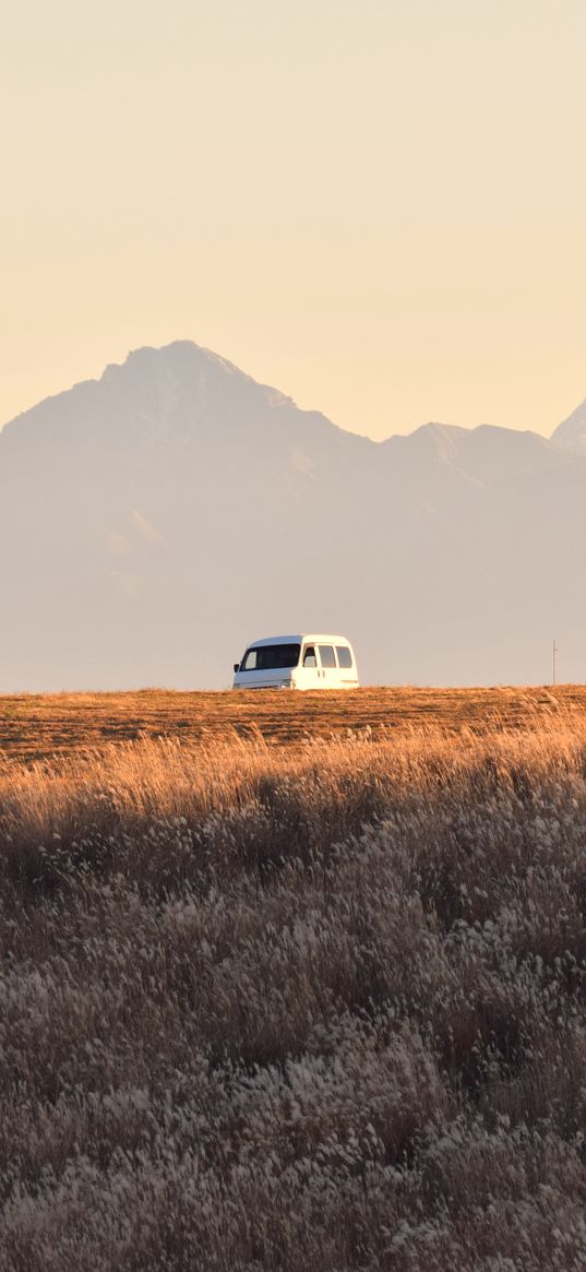 car, van, white, field, mountains, landscape