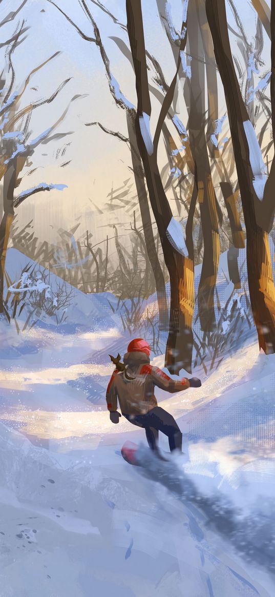 snowboarder, snowboard, forest, snow, winter, art