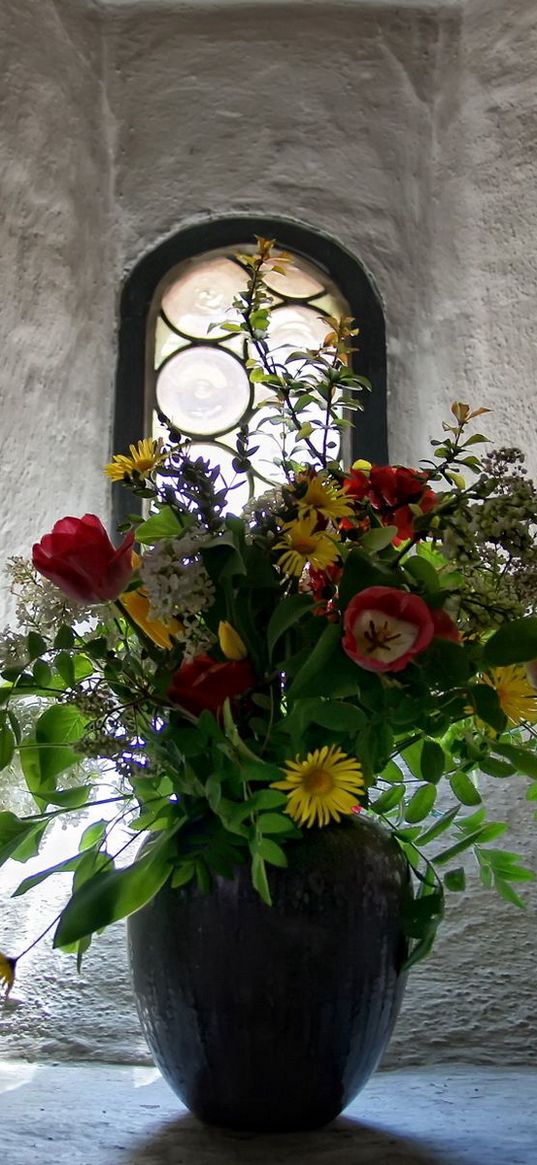 tulips, flowers, bouquet, vase, window, wall