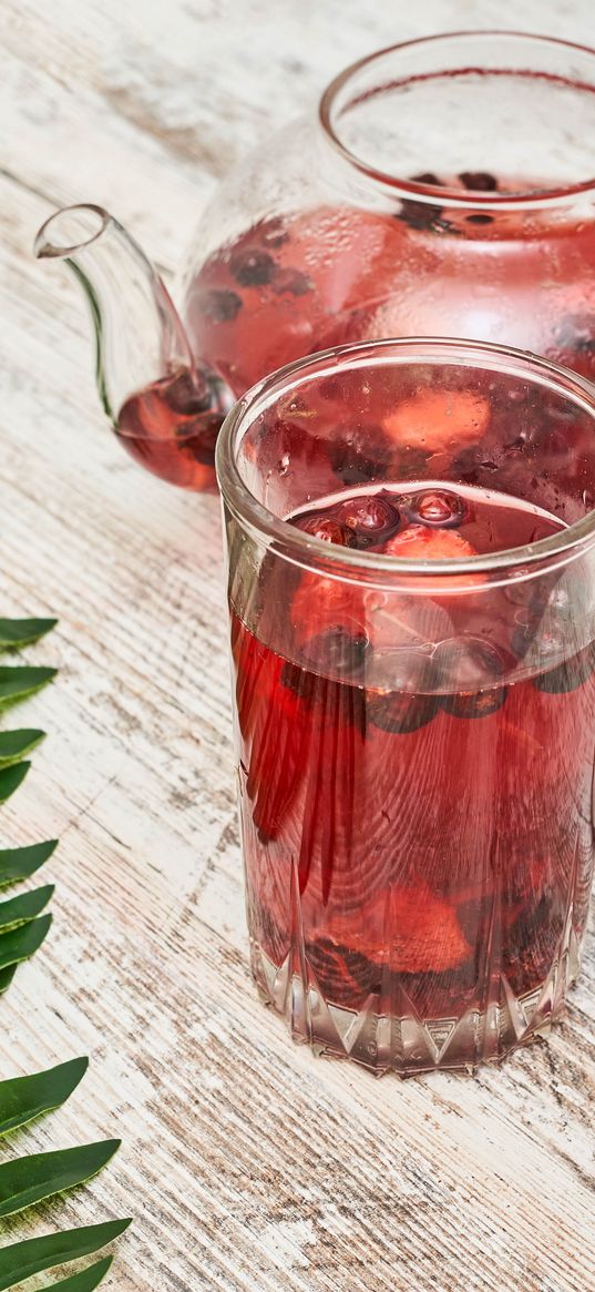 compote, kettle, glass, berries, drink