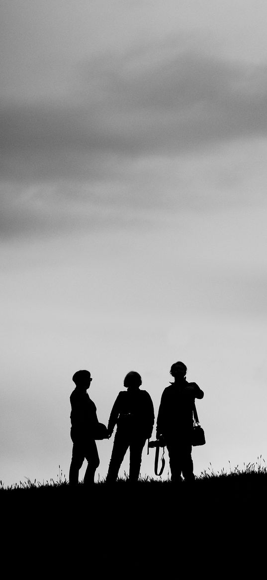 people, silhouettes, friends, black and white, dark