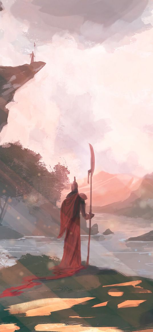 warrior, halberd, landscape, art