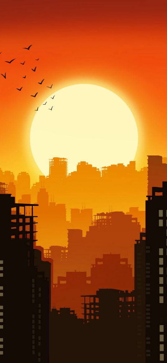 city, buildings, silhouettes, sun, sunset, vector, art