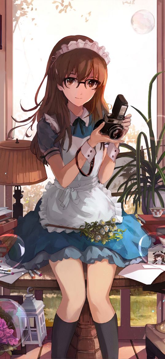 girl, maid, photographer, anime, art, cartoon