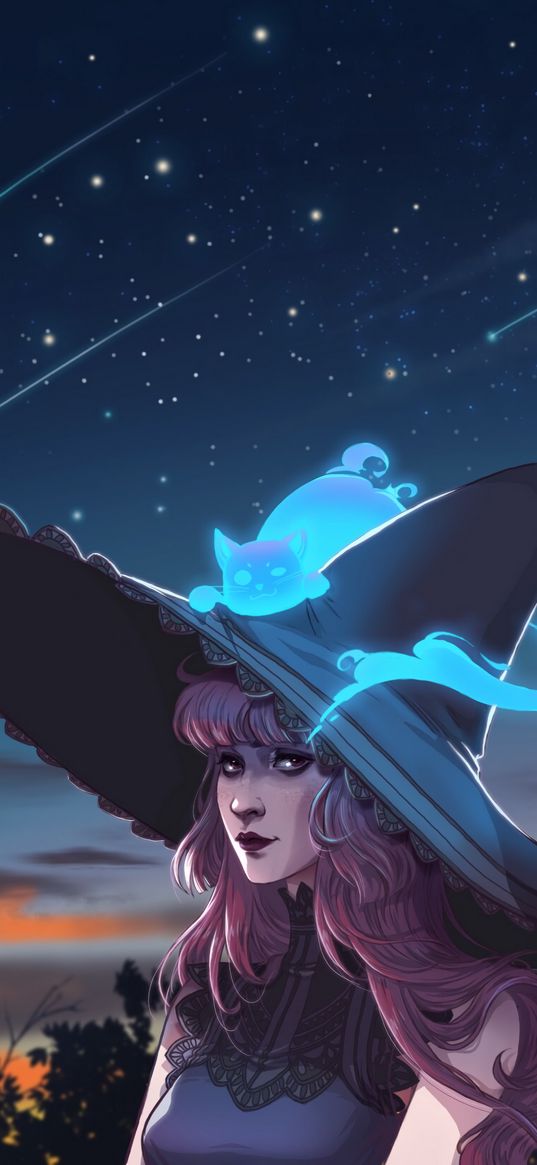 girl, witch, hat, cat, ghost, art