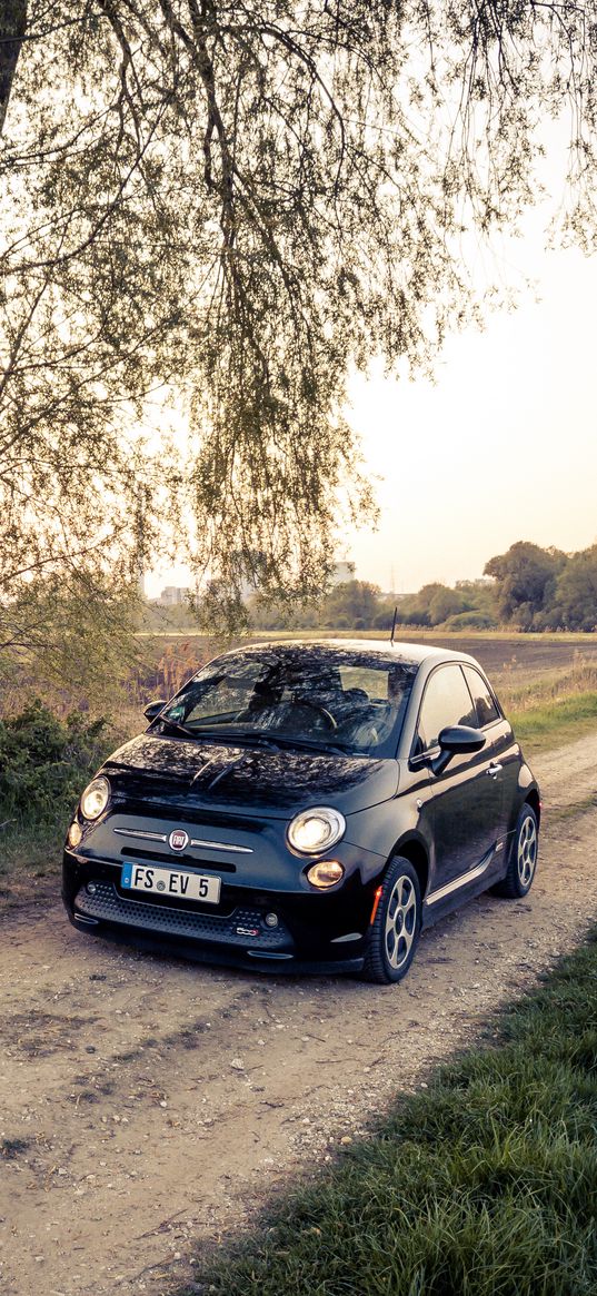 fiat 500e, fiat, car, black, road