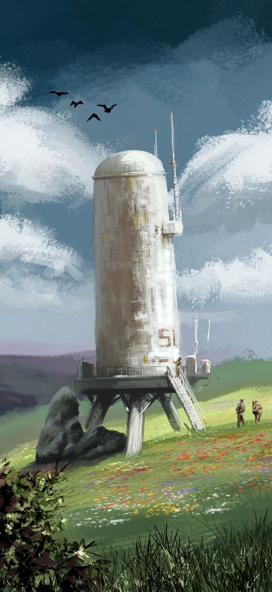 spaceship, astronauts, field, art