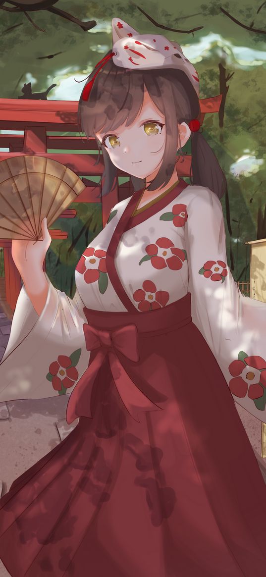 girl, kimono, fan, mask, anime, art