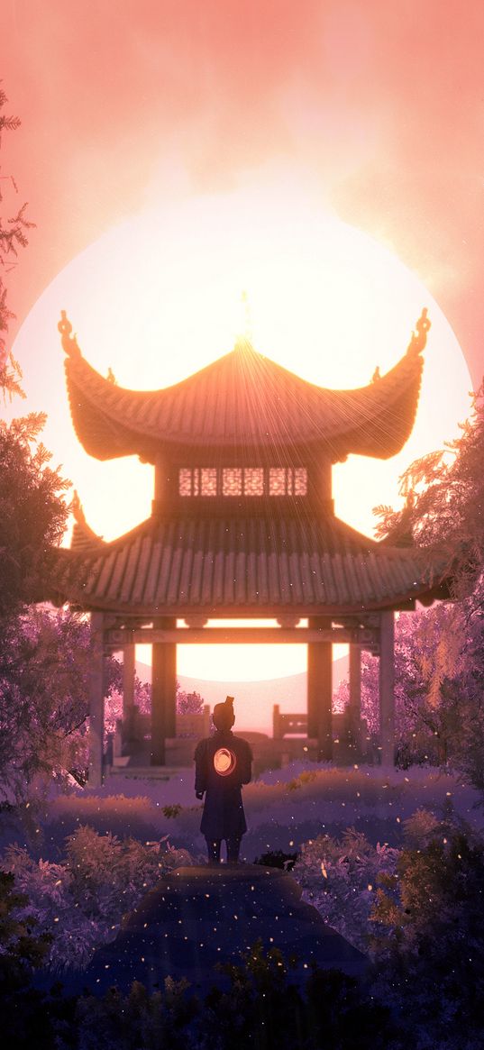 pagoda, architecture, samurai, light, twilight