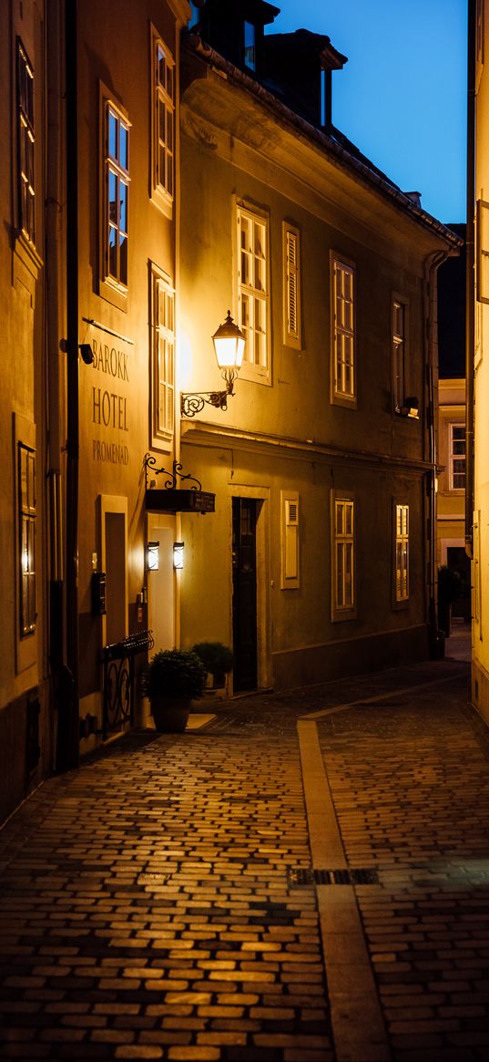 street, buildings, lantern, light, twilight