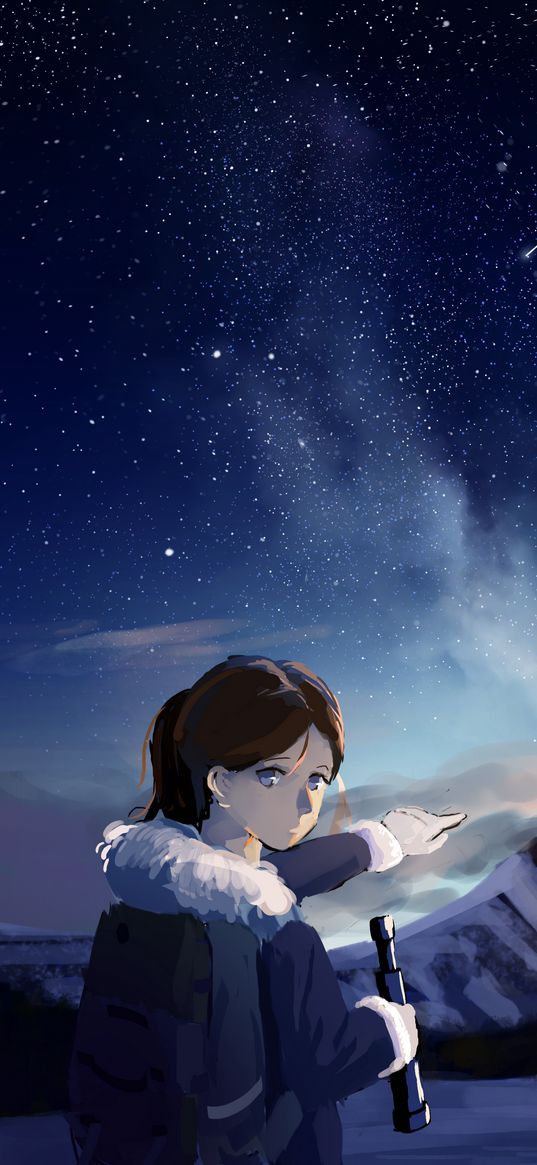 girl, gesture, mountains, night, free, anime