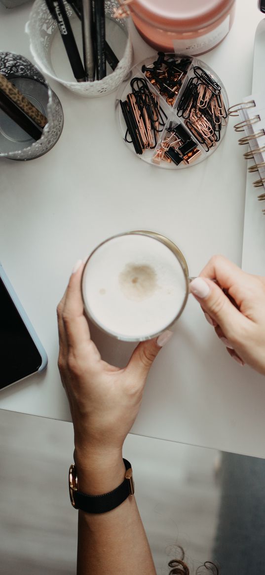 cappuccino, mug, hands, table, work, aesthetics