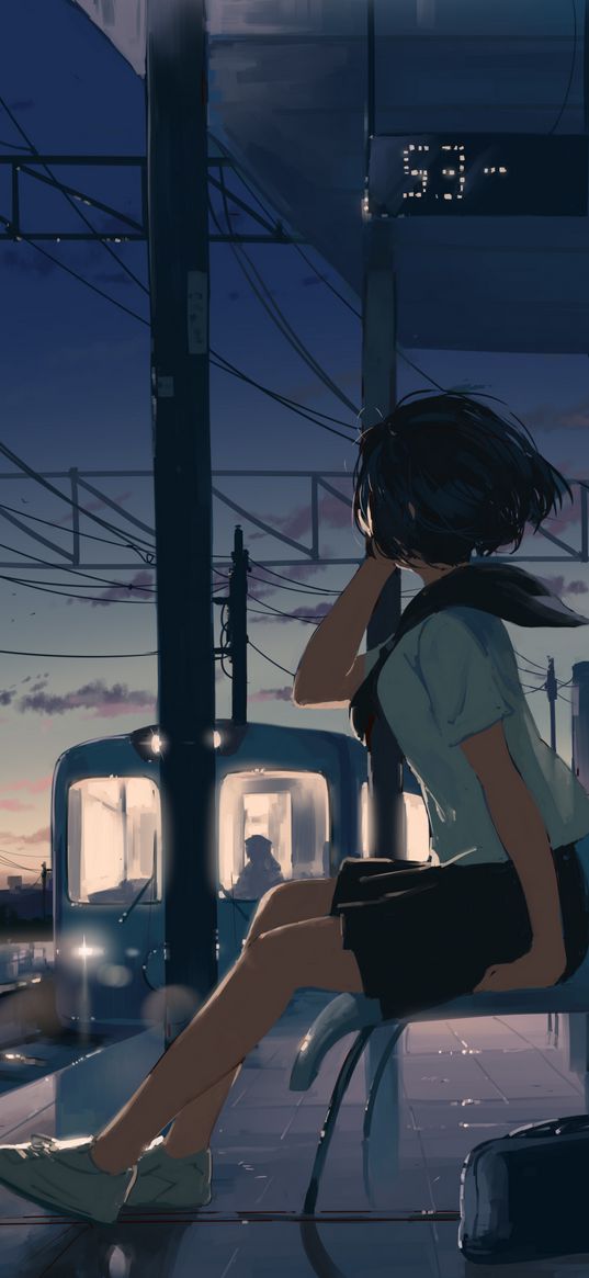 girl, station, twilight, free, anime, art