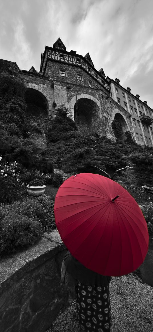 human, umbrella, castle, alone, black and white