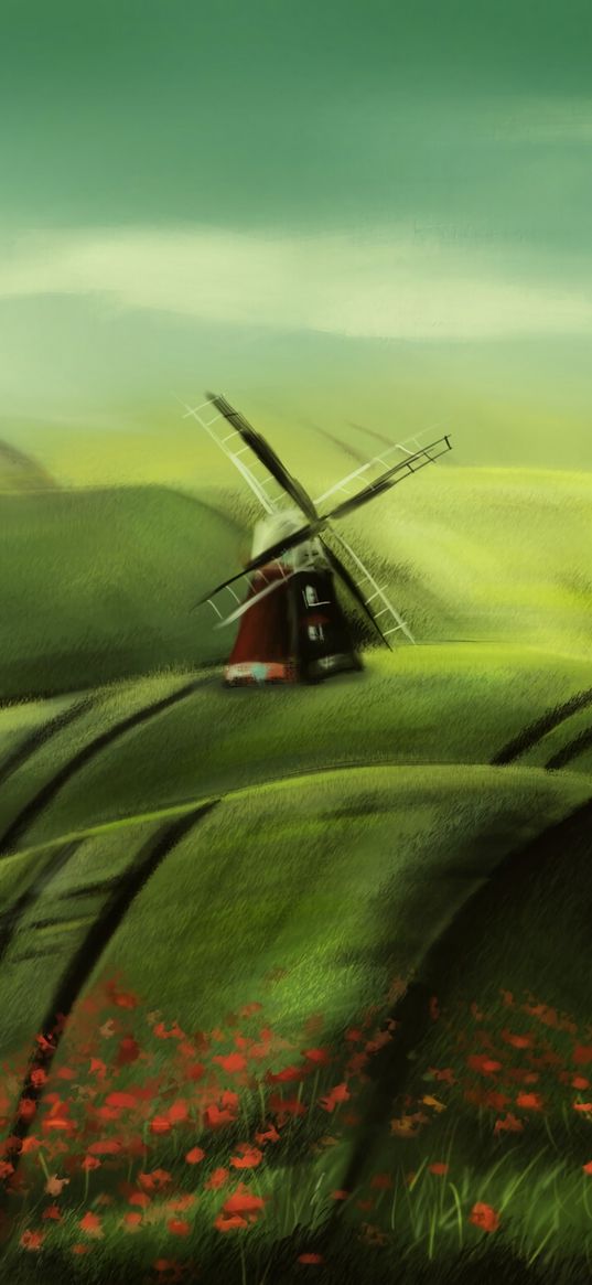 mill, hills, landscape, art