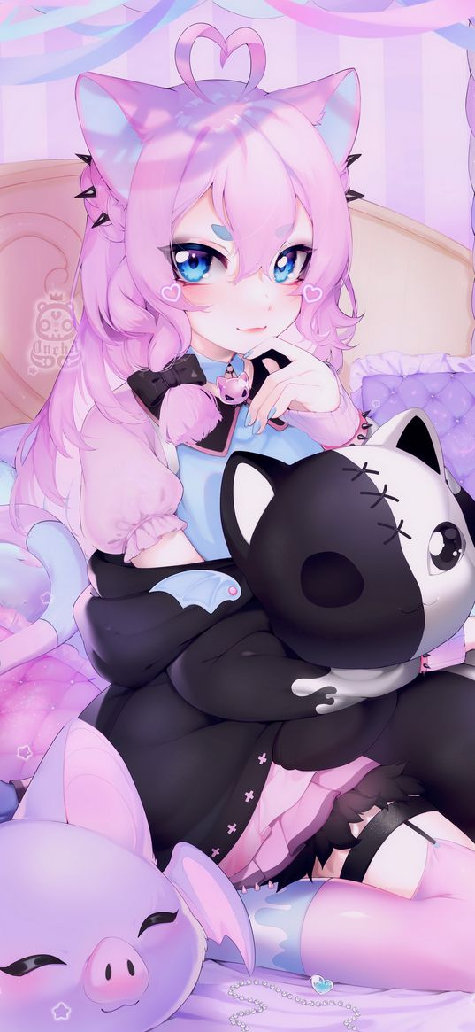 girl, neko, ears, toy, anime, art, cartoon, purple