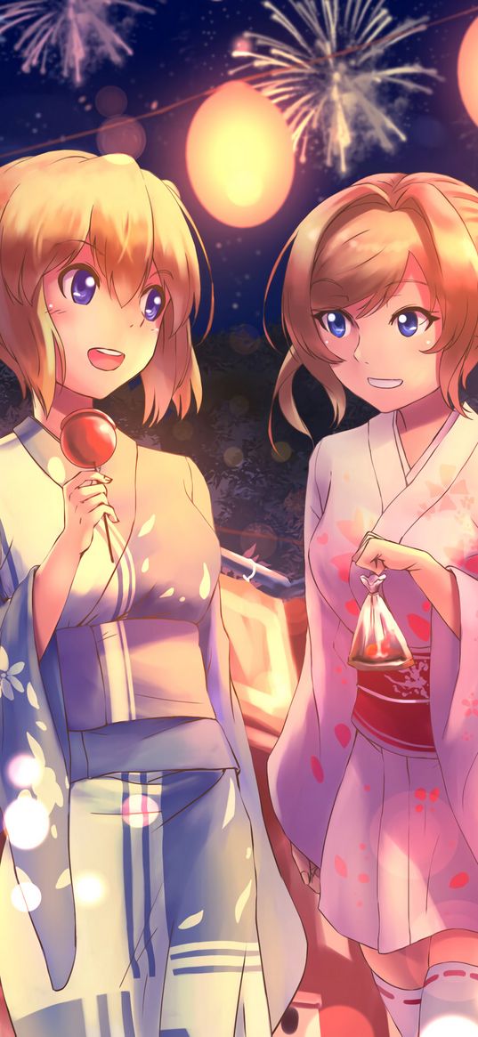 girls, girlfriends, kimono, holiday, anime, art