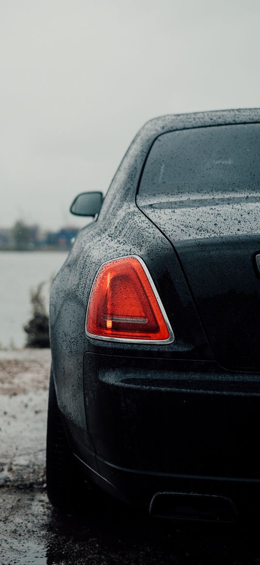 rolls royce, car, black, tailight, back view