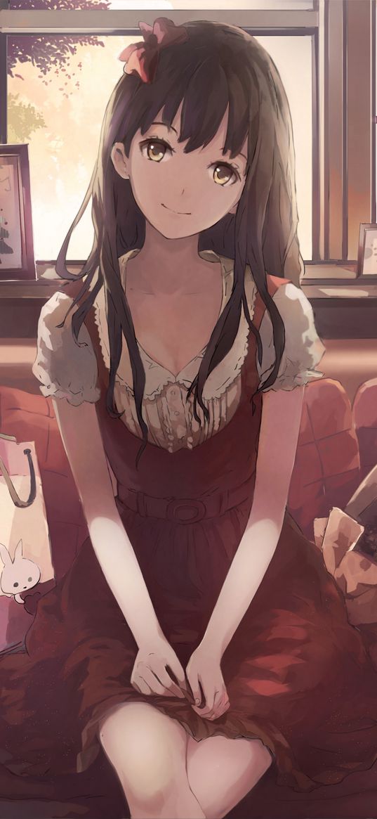 girl, smile, glance, cute, anime, art, cartoon