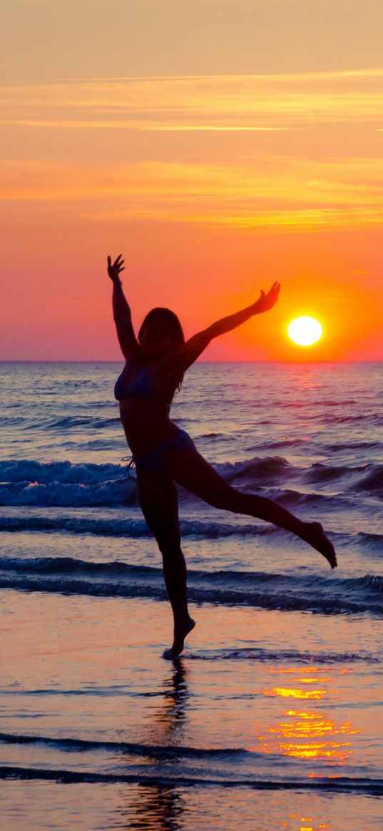 girl, silhouette, beach, sea, sunset, freedom, free, dark