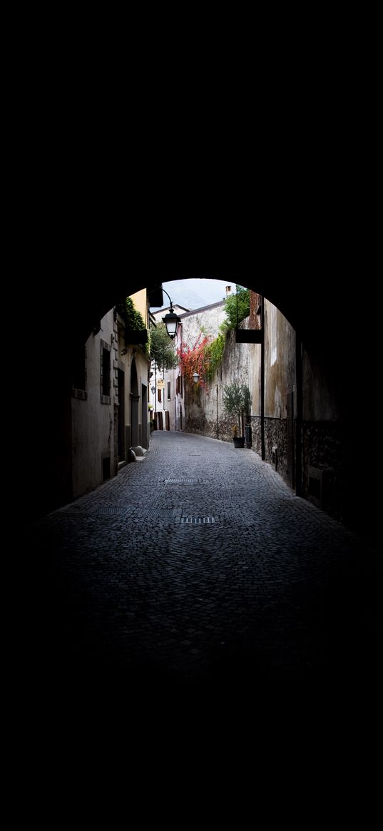 arch, tunnel, buildings, street