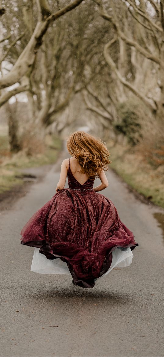 girl, dress, road, run