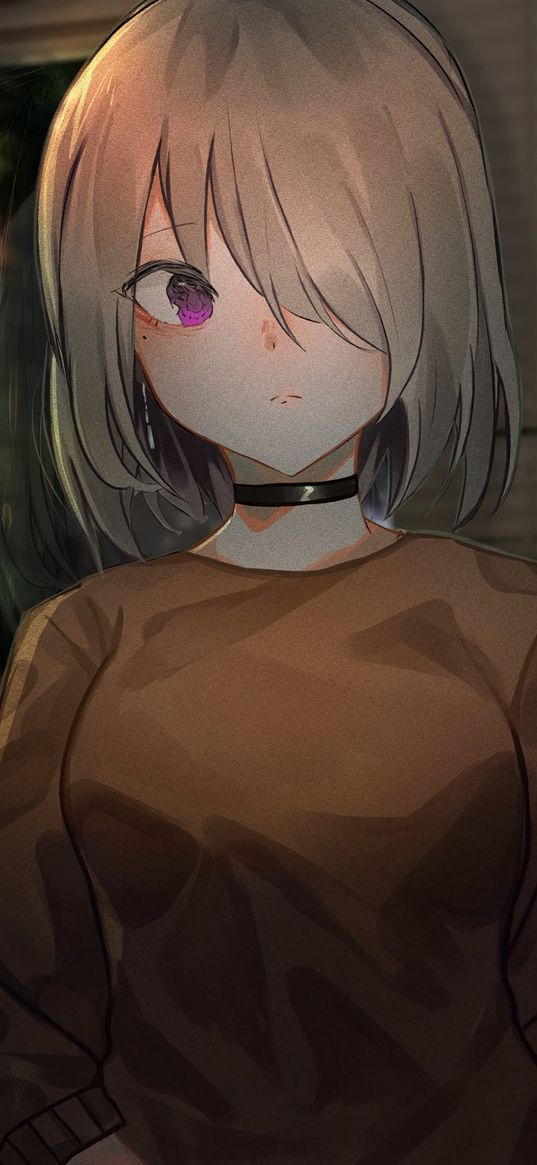 girl, glance, choker, anime, art, cartoon