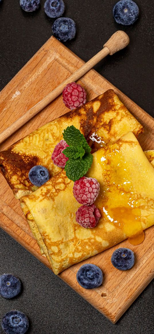 pancakes, berries, honey, dessert, breakfast