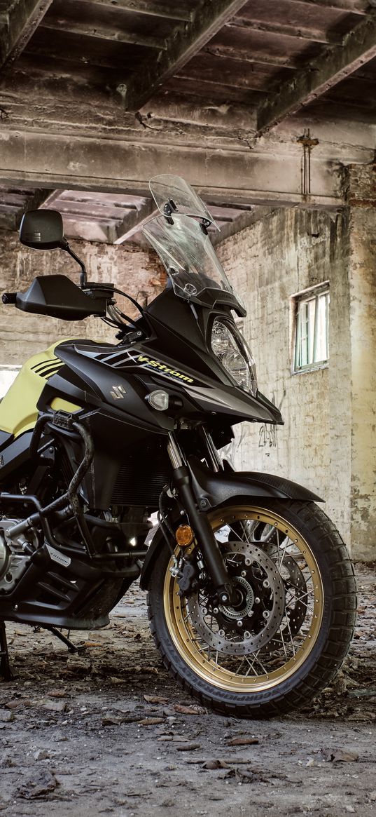 suzuki, motorcycle, bike, black, building, ruins