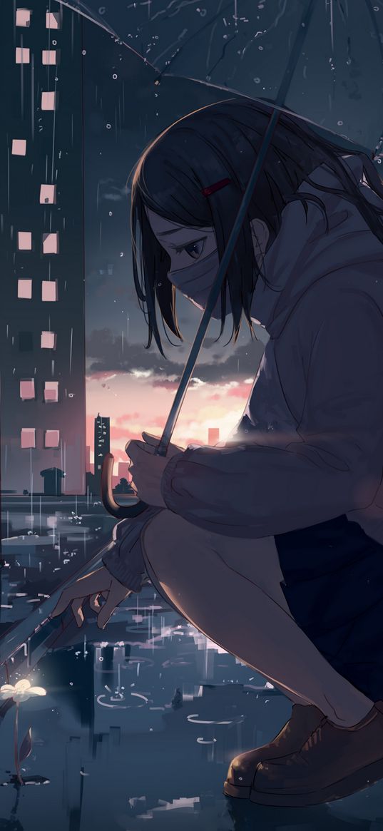 girl, umbrella, rain, sad, anime