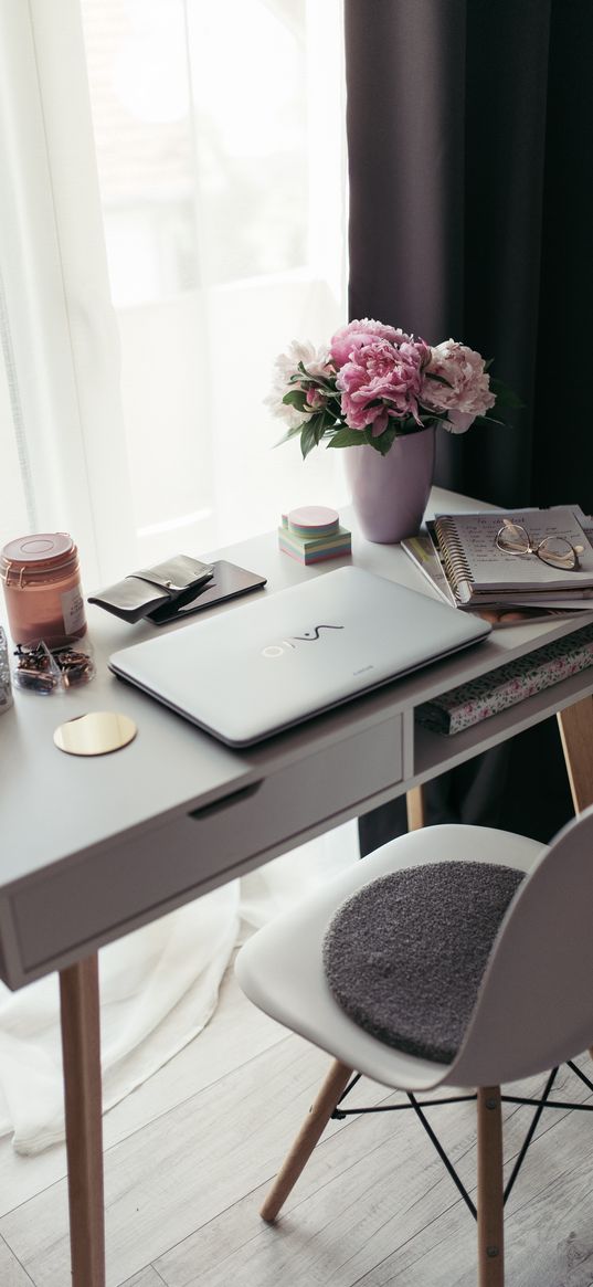 table, laptop, flowers, vase, chair, interior, decor