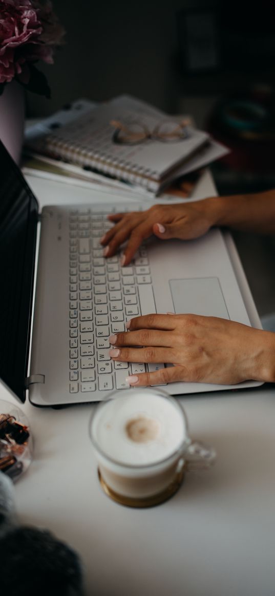 laptop, hands, coffee, mug, work