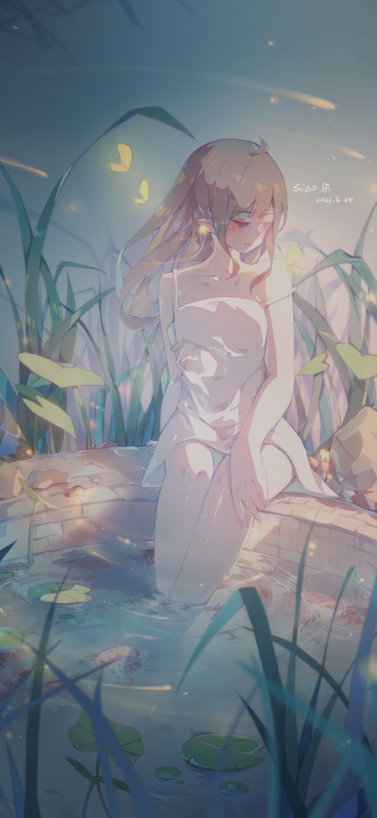 girl, elf, well, grass, anime, art