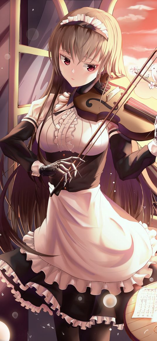 girl, maid, violin, birds, anime, art