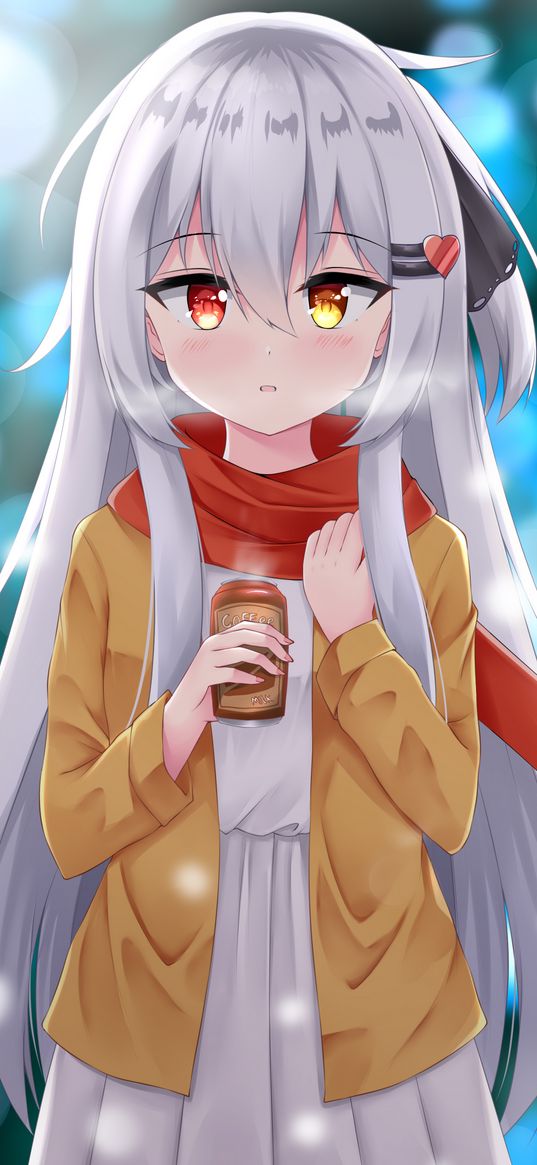 girl, coffee, heterochromia, anime, art